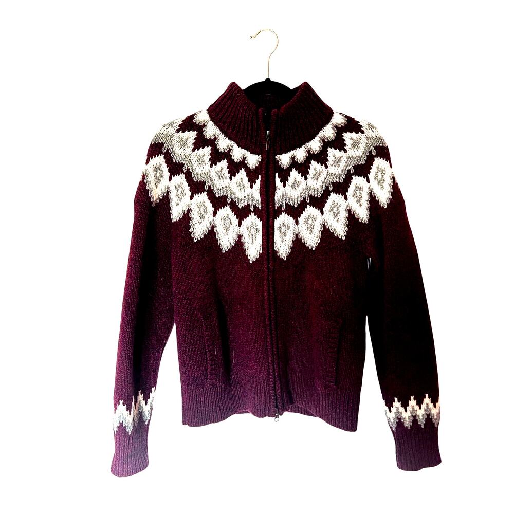 L.L. Bean Fair Isle Mock Neck Full Zip Sweater Burgundy SZ XS